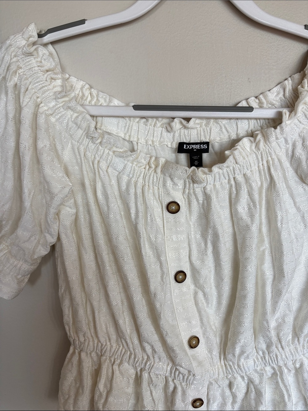 Express White Textured Peplum Off Shoulder Puff Sleeve Top Medium - Picture 4 of 7